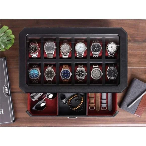 12 Slot Leather Watch Box with Valet Drawer - 12 Slot Luxury Watch Case Display - Picture 3 of 6